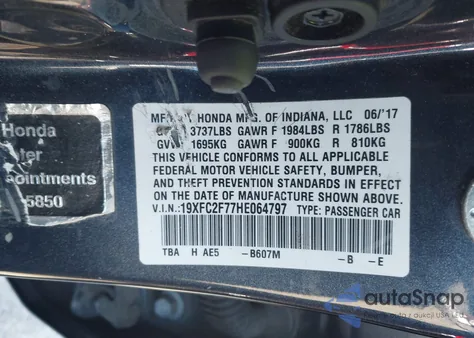 2017 Honda Civic Ex z USA, uszkodzony, nr VIN 19XFC2F77HE064797